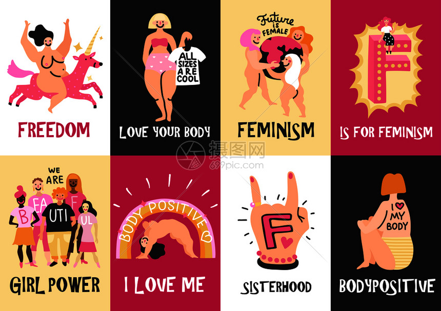 女权主义身体正垂直卡与爱自己的身材,女自由,女孩权力矢量插图女权主义垂直卡片图片