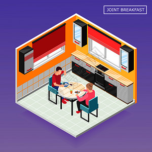 每日常规等距构图,男女角色厨房内部矢量插图同早餐每日常规等距成图片
