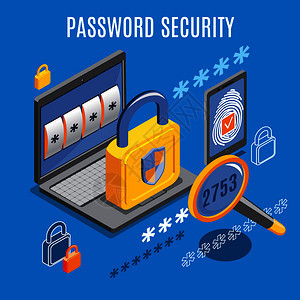 密码安全背景与解锁通知笔记本电脑屏幕指纹按钮智能手机等距矢量插图密码安全等距背景图片