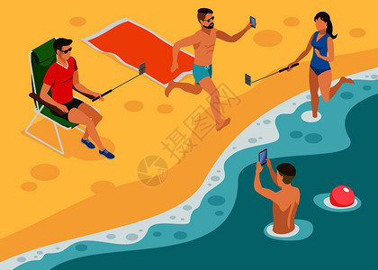 社交照片等距构图与轻人南海滩自拍的单脚架智能手机矢量插图自拍等距构图图片