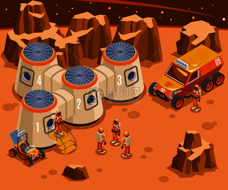 以火星为基础宇航员穿着环保服运输行星等距矢量图的质基于火星等距