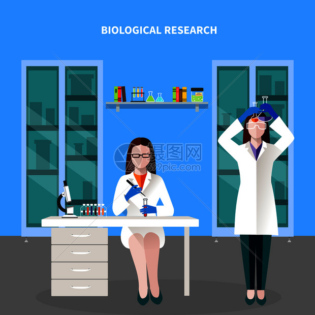 科学家们实验室里用两名科学家的彩色构图花了个生物研究矢量插图科学家们用彩色构图图片