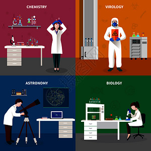 四位科学家的与化学病学,天文学生物学描述矢量插图科学家人的集图片