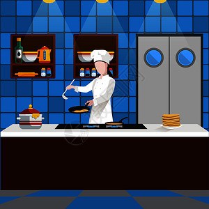 烹饪的人与正厨房烹饪煎饼的人餐厅矢量插图饭的人成图片