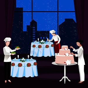 平烹饪人员传单与餐厅装饰安排顿饭蛋糕的婚礼派矢量插图平烹饪人传单图片