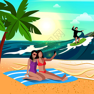 人们海滩上的构图与海岸景观平人物的板冲浪者女朋友矢量插图海滩度假作文图片