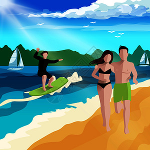 人们海滩背景与夏季景观特点的冲浪板夫妇运行沿海滩矢量插图太阳背景下休息图片