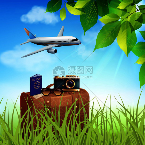 暑假逼真的彩色飞机,游客坐手提箱上,站草地矢量插图中暑假写实色彩图片