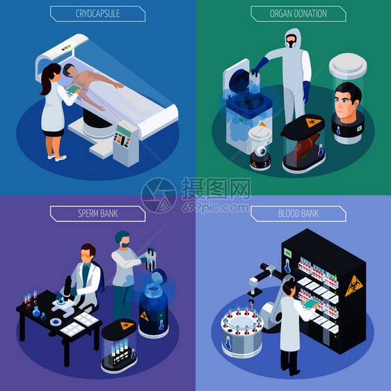 冷冻冷冻冷冻移植等距2x2与实验室设备项目人类特征的科学家矢量插图等距冷冻遗传学图片
