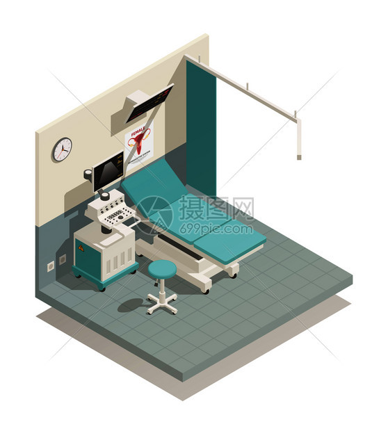 等距成与设备检查诊断妇科柜白色背景三维矢量插图妇科柜等距成图片