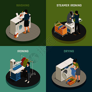 等距洗衣2x2理念与人们洗涤熨烫烘干衣服3D孤立矢量插图洗衣2x2理念图片