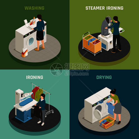 等距洗衣2x2理念与人们洗涤熨烫烘干衣服3D孤立矢量插图洗衣2x2理念图片
