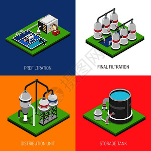 净水2x2集分配单元储罐预过滤最终过滤方形图标等距矢量插图净水2x2理念图片