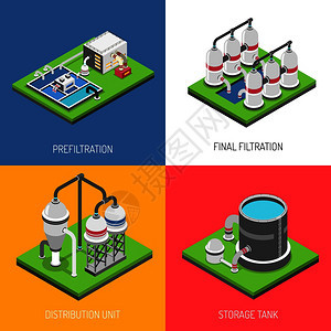 净水2x2集分配单元储罐预过滤最终过滤方形图标等距矢量插图净水2x2理念图片