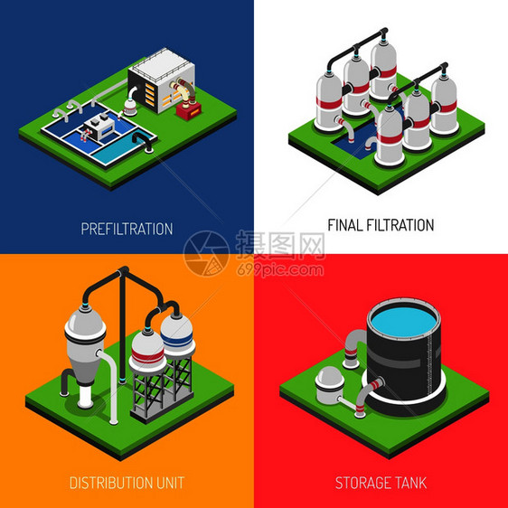 净水2x2集分配单元储罐预过滤最终过滤方形图标等距矢量插图净水2x2理念图片