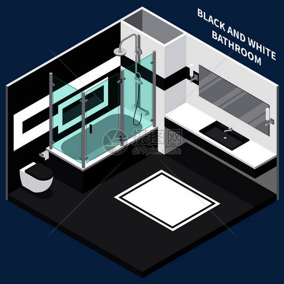 将黑白浴室与卫生工程相结合,蓝色背景矢量插图上进行等距构图浴室等距成图片