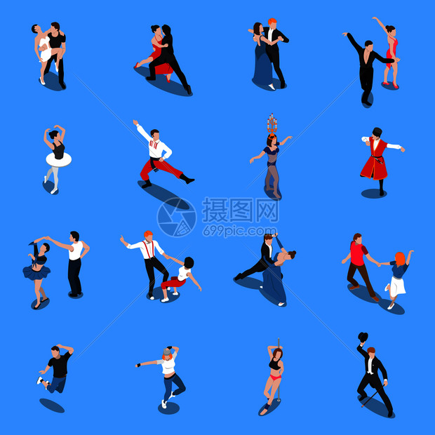 单身伴侣舞蹈,专业表演者各种姿势,等距的人孤立蓝色背景矢量插图舞蹈专业表演者等距的人图片