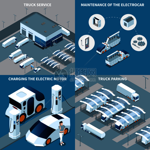 未来主义电动汽车等距与卡车服务,汽车维修,电机充电,停车孤立矢量插图电动汽车等距图片