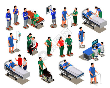 医院工作人员医生病人医疗检查诊所设备等距人群孤立矢量插图医院工作人员病人等距人图片