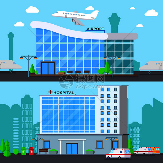 市政建筑由两个平成,现代机场航站楼医院城市地标矢量插图终端平合集图片
