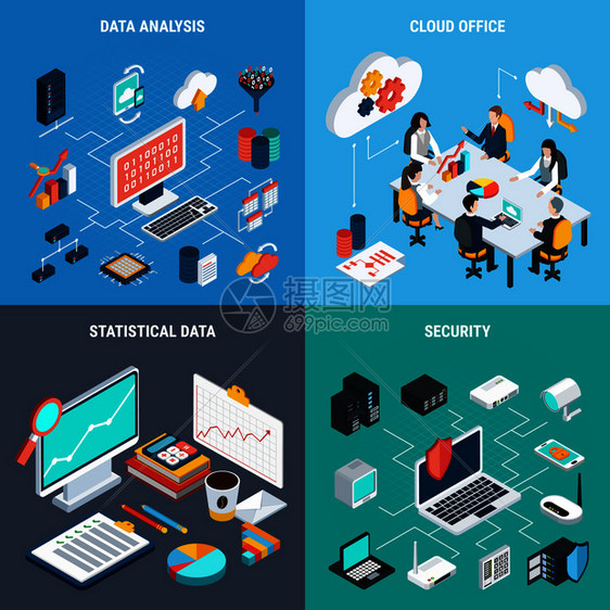 大数据2x2集云办公数据分析安全统计方形图标等距矢量插图大数据2x2理念图片