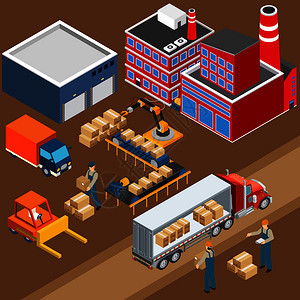 工业机器等距成与工厂仓库建筑的图像,卡车工人与包装矢量插图工厂仓库工业成图片