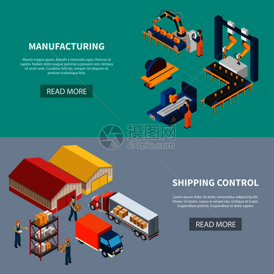 工业机器等距横幅阅读更多的按钮图像的制造设施建筑物矢量插图制造水平横幅图片