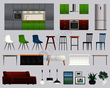 现代厨房客厅理念元素图标成与家具冰箱配件矢量插图厨房家具配件平套图片