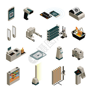自动购物技术等距图标收集与智能篮子机器人助手安全支付系统隔离矢量插图购物技术等距图标图片