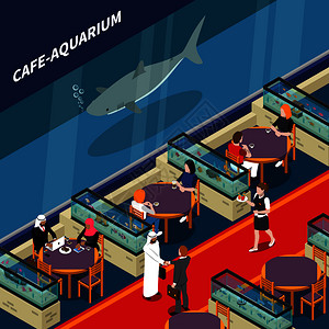 咖啡馆水族馆构图与食物水族馆游客符号等距矢量插图咖啡馆水族馆等距成图片