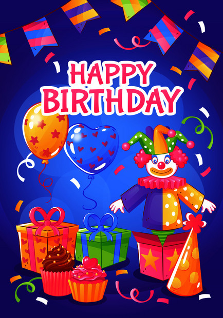 生日快乐海报与趣的小丑开幕礼物蛋糕心形气球节日装饰矢量插图生日派海报图片