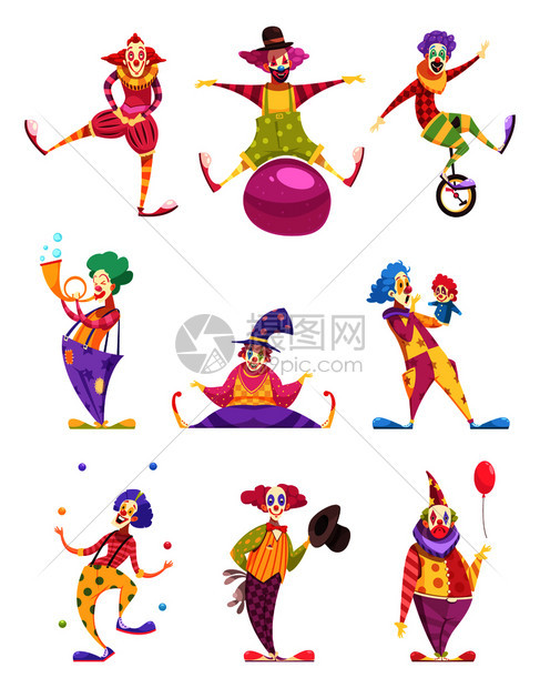 图标小丑穿着五颜六色的服装,各种元素,包括独轮车木偶球孤立矢量插图小丑图标图片