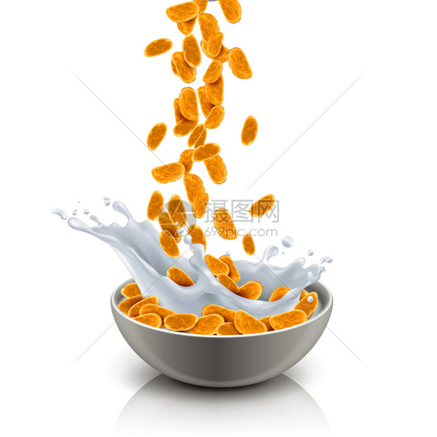 脆早餐谷类食品陶瓷板与牛奶,真实的成分白色背景矢量插图早餐谷类食品写实成分图片