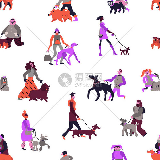 狗主人与宠物,包括狮子狗,猎犬,灰狗大猎犬无缝图案白色背景矢量插图狗主人无缝图案图片