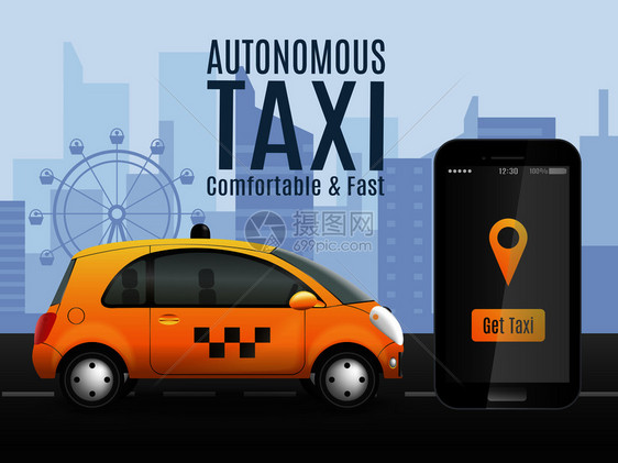 自动出租车成与真实的图像智能手机应用自动驾驶汽车与城市背景矢量插图未来出租车背景图片