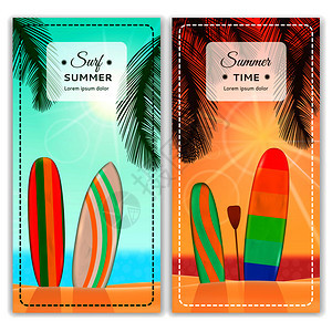 两个垂直冲浪板现实横幅与彩色背景冲浪海滩风景桨板矢量插图冲浪胜地垂直横幅图片