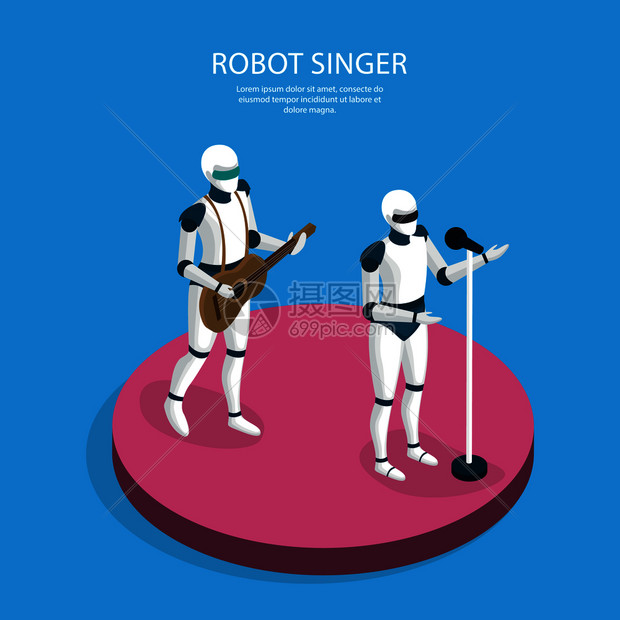 人工智能等距背景海报与创意机器人,音乐乐队成员,歌手吉他手表演矢量插图创意机器人等距背景图片