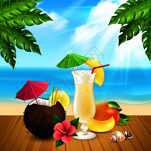 鸡尾酒逼真的构图与两个PinaColada鸡尾酒,个璃,椰子海滩矢量插图鸡尾酒逼真的PinaColada构图图片