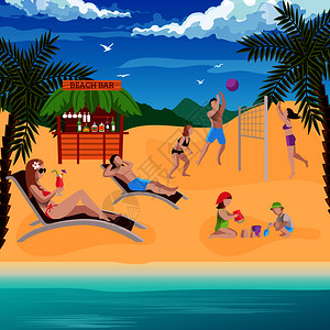人们海滩背景下,扁平的人类人物躺太阳椅上,用儿童矢量插图打排球海滩酒吧度假作文图片