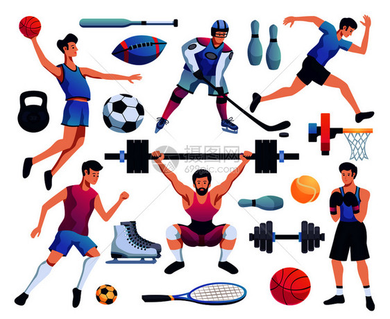 人们参与体育装饰图标集的配件棒球网球曲棍球溜冰鞋哑铃矢量插图参与运动的人图片