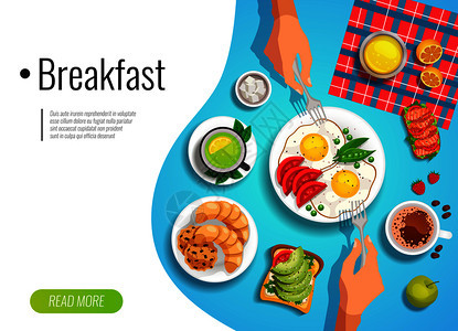 早餐彩色背景与服务桌的顶部视图人们手叉子平矢量插图早餐彩色背景图片