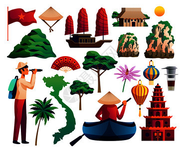越南图标集越南地标,传统文化符号,矢量插图越南套图片