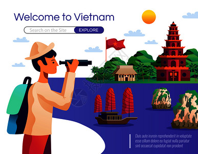 越南旅行欢迎来越南卡通海报与轻游客双目矢量插图看地标欢迎来越南插图插画