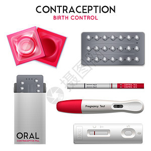 避孕口服避孕药,避孕套早孕测试试剂盒,现实象,收集矢量插图避孕妊娠试验集图片