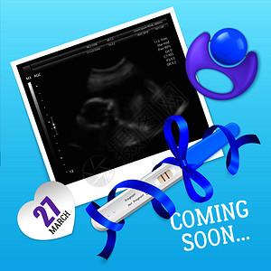 妊娠试验2线阳结果与蓝带假人超声照片真实背景海报矢量插图妊娠试验的现实背景图片