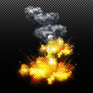 燃烧爆炸成分透明背景上与烟雾闪光现实矢量插图爆炸透明成分图片