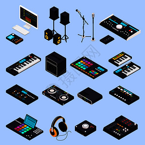 音乐录音室设备等距图标与独立图像的专业音频设备,扬声器键盘矢量插图专业音频齿轮图标图片