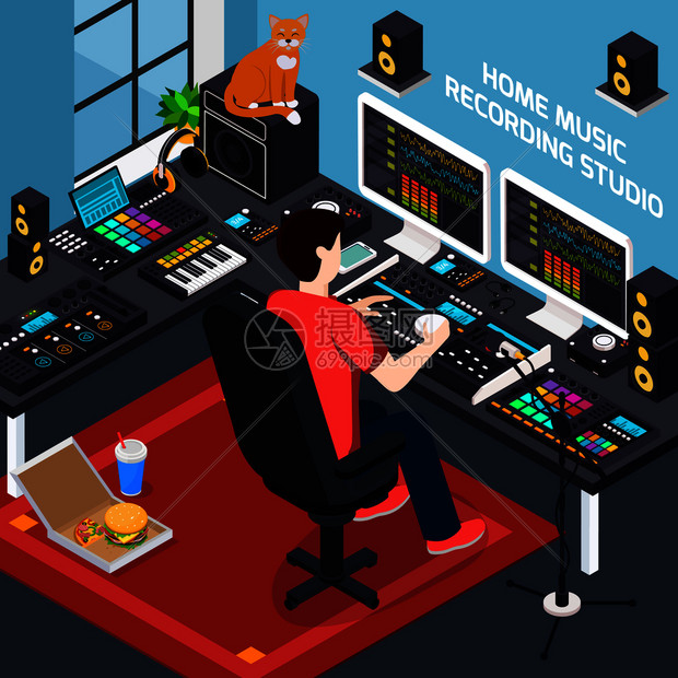 插画 背景素材 卡通背景 音乐录音室等距构图与图片的专业音频设备