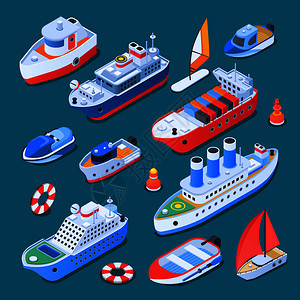 船舶包括帆船,渡船,巡洋舰,拖船,小型工艺品,等距图标隔离绿松石背景矢量插图船舶等距图标图片