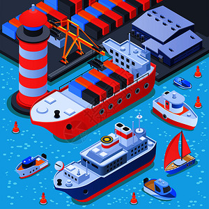 港口与船舶等距成与码头设备,仓库,货船,渡船小船矢量插图港口与船舶等距成图片